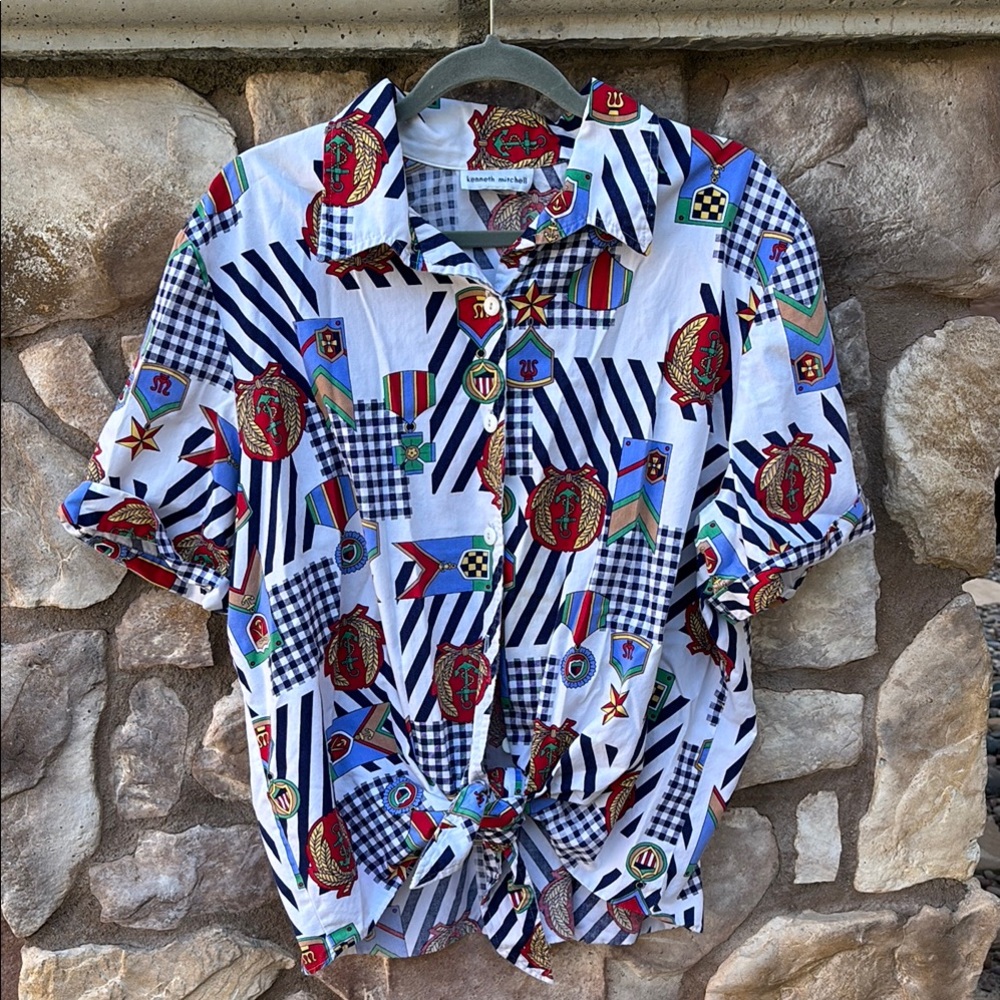 Kenneth Mitchell Nautical Print Button Up Shirt Women’s Sz 22 Short Sleeve Tie